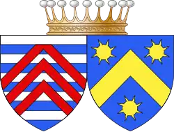 Illustration montrant les blasons associés des deux familles.