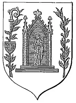 Dessin en noir et blanc d'un blason représentant une Sainte Vierge dans une niche gothique en son milieu entourée de motifs floraux.