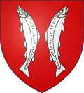 Blason avec 2 poissons blancs adossés debout sur fond rouge