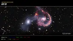 Image composite d'Arp 107 par le télescope spatial James Webb (instruments MIRI et NIRCam).