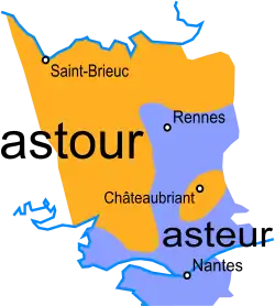 Carte de la Haute-Bretagne montrant les variations de prononciation du mot astour selon les régions.
