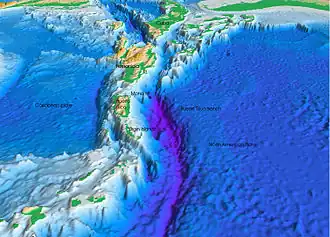 Vue en perspective du plancher océanique de l'océan Atlantique et de la mer des Caraïbes. Les Petites Antilles sont en bas à gauche et la Floride en haut à droite. Le fond de mer violet au centre est la fosse de Porto Rico.