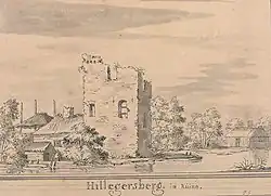 Gravure d'un château en ruine.