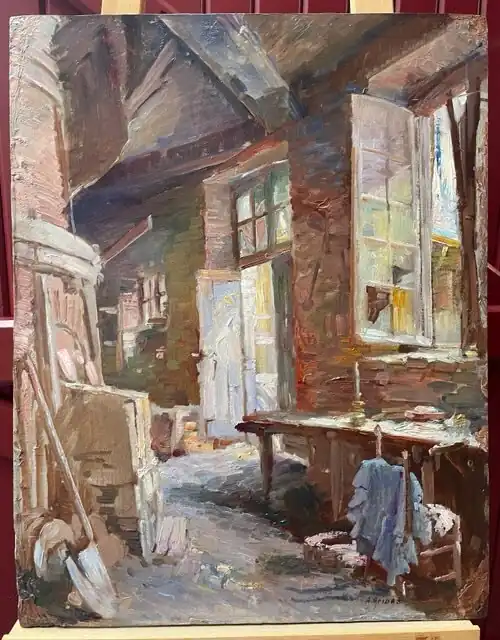 « L’Atelier », huile sur panneau de bois, 62x47 cm. Collection privée.