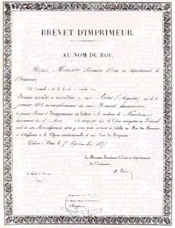 Brevet d'Imprimeur décerné à Auguste (Augustin) Arène