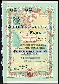 Compagnie générale des Auto-Transports de France, action en date du 1er septembre 1921.