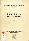 Catalogue de vente : Tableaux anciens et modernes par Boilly, Brun de Versoix, Hughtenburgh, Santerre... vente aux enchères à la Galerie Georges Moos, Genève, 12, rue Diday, le 30 octobre 1943 : par le ministère de Me Ch. D. Cosandier assisté par M. Georges Moos. Collection de la Bibliothèque d'art et d'archéologie, Genève.