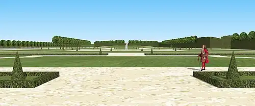 Vue du jardin du château du Blanc Mesnil, depuis le milieu du parterre, vers 1720.