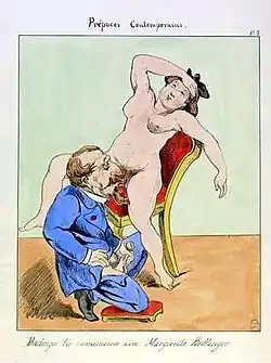 Position assise (caricature anonyme de Napoléon&nbsp;III honorant sa maîtresse, Marguerite Bellanger).