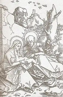 Dessin en noir et blanc représentant deux femmes assises côte à côte, tenant un bébé sur leurs genoux et l'une tenant le sexe de l'enfant entre ses doigts.