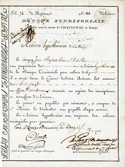 Action hypothécaire de 1.000 francs de la Banque Territoriale établie sous la raison de Chavagnac et Comp., émise à Paris le 15 brumaire an 12 (7 novembre 1803), signée de la main de Pierre Samuel du Pont de Nemours en tant que membre du conseil d'administration