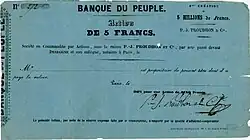 Action de la Banque du Peuple d'une valeur nominale de 5 francs, préparée pour l'émission en février 1849 et signée de la main de Pierre-Joseph Proudhon