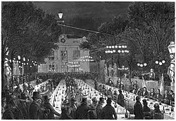 gravure représentant un banquet en plein air.