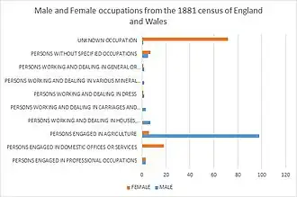 Graphique montrant la répartition des professions des habitants du villages en 1881, comme attesté par le site VisionOfBritain.