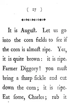 On lit sur la page : « It is August. Let us go into the corn fields to see if the corn is almost ripe. Yes, it is quite brown: it is ripe. Farmer Diggory! you must bring a sharp sickle and cut down the corn ; it is ripe. Eat some, Charles; rub it »