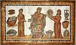 Mosaïque d'une matrone romaine entourée de deux domestiques lui présentant des bijoux et un miroir