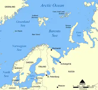 Carte de localisation de la mer de Barents.