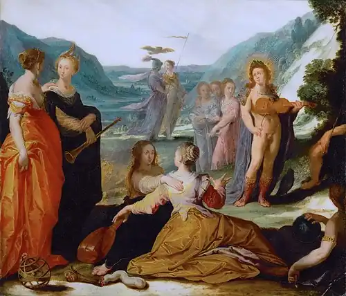 Apollon et les Muses(peinture sur marbre, ap. 1590)