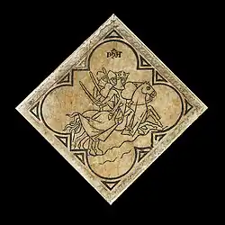 Dalle avec incrustations de plomb, montrant pharaon poursuivant Moïse et les Juifs, provenant du dallage de l'église Saint-Nicaise, exposée dans la basilique Saint-Remi, XIIIe s.