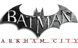 Le nom Batman écrit en blanc à l'intérieur d'une forme de chauve souris grise, sous titré en rouge par Arkham City.