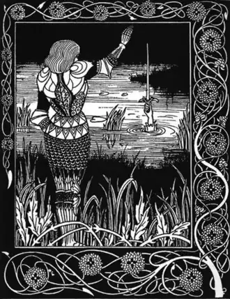 Bedivere jetant Excalibur à la Dame du Lac.Illustration d'Aubrey Beardsley, tirée de Le Morte d'Arthur de Sir Thomas Malory (1894).
