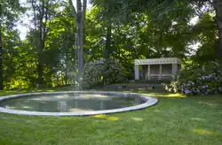 The garden's fountain and teahouse