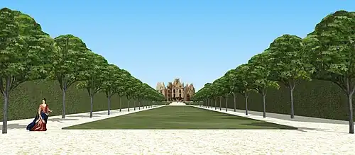 Schéma de la vue sur le château de Bellegarde depuis le bout du tapis vert, vers 1720