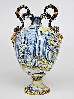 Amphore avec une représentation tirée de l’Ancien Testament : Samuel qui transperce Agag, Faenza, atelier de Leonardo Bettisi, dernier quart du XVIe siècle.