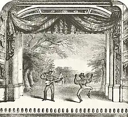 Dessin en noir et blanc représentant la scène d'un théâtre sur laquelle deux hommes noirs se trouvent, l'un jouant du banjo, l'autre en train de danser.