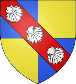 Blason écartelé d'or et d'azur, à bande de gueules aux trois coquilles d'argent
