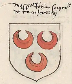 « Messire Jehan, seigneur de Courchelles » Armorial de la cour amoureuse du roi Charles VI par Jacques Le Boucq (XVIe&nbsp;siècle)