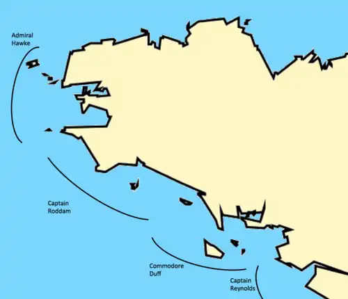 Carte de la Bretagne, avec quatre traits noirs indiquant la position des flottes britanniques.