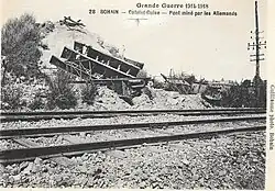 Le pont de la ligne Bohain-Le Catelet détruit par les Allemands.