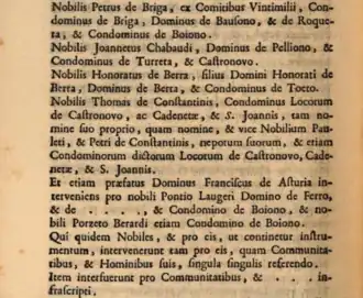 De Boiono. Extrait de la page 502 de l'Istoria della citta di Sospello de Sigismondo Alberti, Turin, 1728.