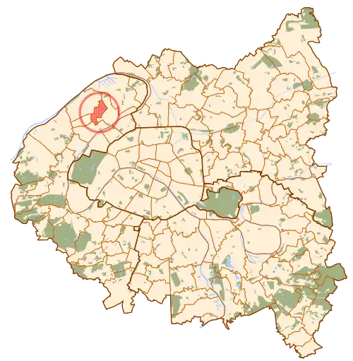 Vue de la commune de Bois-Colombes en rouge sur la carte de Paris et de la « Petite Couronne ».