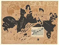 Des têtes d'enfants et de femmes stylisées s'adonnent à la musique entourés d'instruments disposés au hasard.