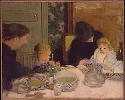 Peinture à l'huile, deux femmes en noir à table avec deux jeunes enfants.