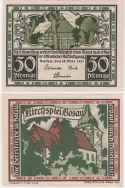 Billet de banque de nécessité allemand (recto et verso) de Bosau, d'une valeur de 50&nbsp;pfennig (1921).