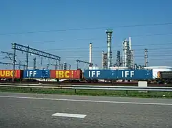 Le Botlek avec la ligne ferroviaire Havenspoorlijn et la raffinerie d'ExxonMobil