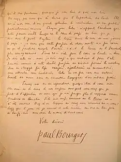 lettre manuscrite avec signature de Paul Bourget ; écriture souvent illisible.
