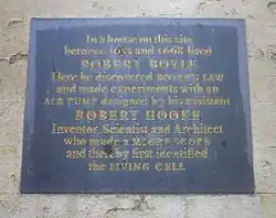 Plaque commémorative Boyle-Hooke du Mémorial Shelley, High Street, à Oxford.