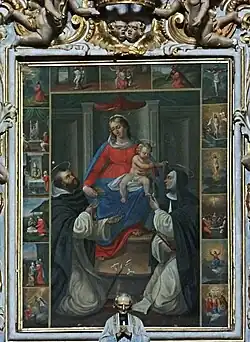 Chapelle du Rosaire : tableau du retable représentant la donation du Rosaire et ses mystères.