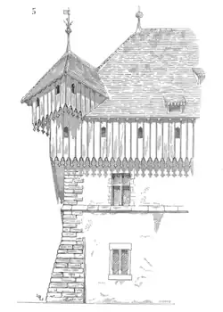 Bretèches en bois posées en diagonale aux angles des hourds.