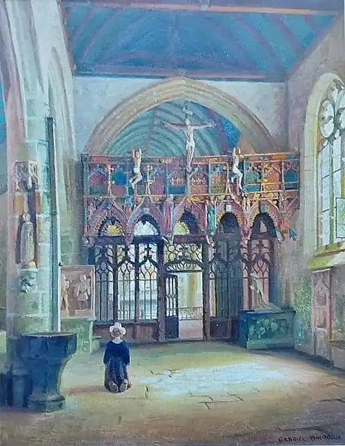 "Bretonne devant un jubé", Gabriel Girodon, huile sur toile, vers 1937, musée du Faouët