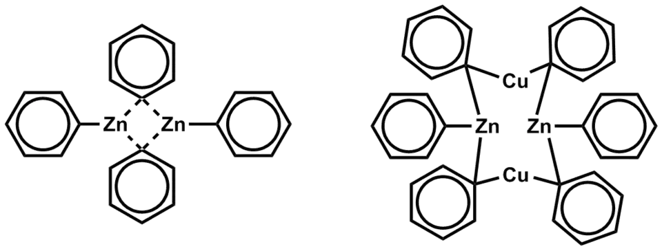 Exemples de complexes organozinciques à groupes phényle pontants.