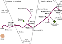 Map of a railway line running roughly southwest to northeast. Long sidings run off the railway line at various places. Two other north-south railway lines cross the line, but do not connect with it. At the northeastern terminus of the line, marked "Quainton Road", the line meets three other lines running to Rugby & Leicester, Verney Junction, and Aylesbury & London respectively. The southwestern terminus, marked "Brill", is some distance north of the town of Brill, which is the only town on the map. A station on one of the other lines, marked "Brill and Ludgersall", is even further from the town of Brill.
