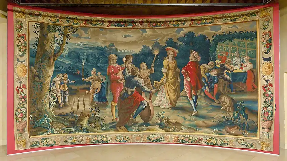 Fête de nuit à la lueur des torches, tapisserie provenant de la manufacture royale de Mortlake, XVIIe&nbsp;siècle