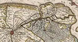 Carte de la Flandre avec le Zwin, 1635, par le cartographe Willem Blaeu :Bruges est au sud-ouest (Brugge).On comparera avec la carte moderne ci-contre à gauche.