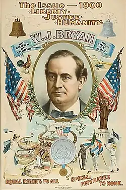 Affiche électorale comprenant la photo du candidat et plusieurs symboles américains