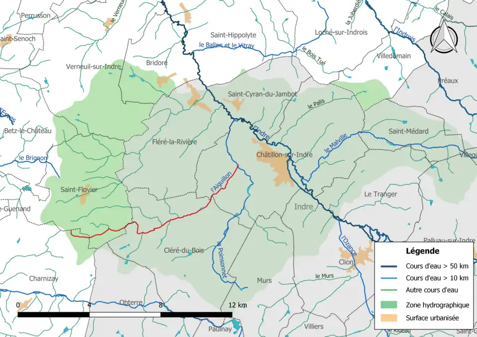 L'Aiguillon (en rouge) et la zone hydrographique dans laquelle il s'insère.